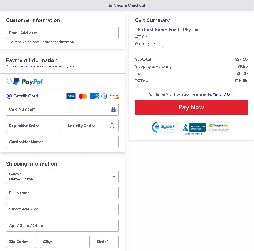 The Lost SuperFoods checkout page